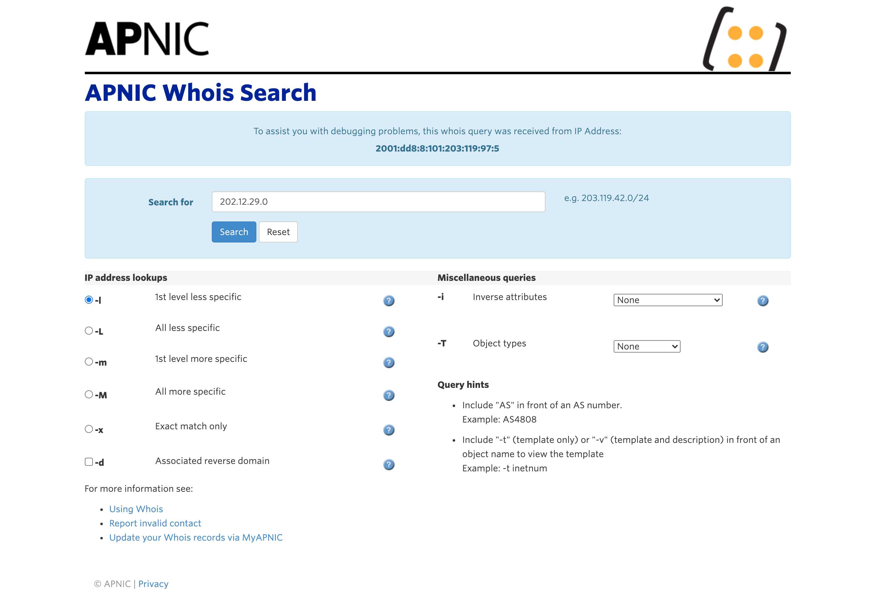 Advanced search in the APNIC Whois – APNIC